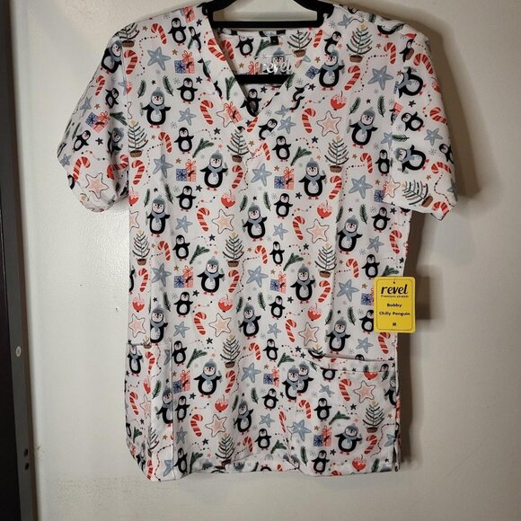 White penguin Christmas scrub top - Picture 1 of 5